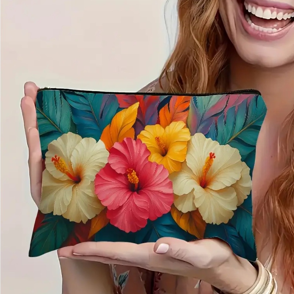 Hibiscus Print Makeup Cosmetic Bag